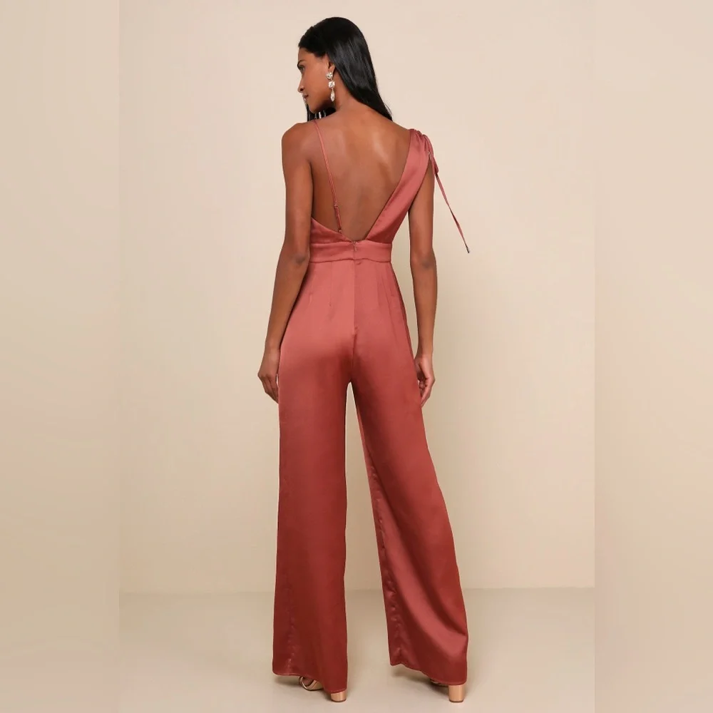 Lulu’s Look of Luxe Rusty Rose Satin Asymmetrical Wide-Leg Jumpsuit - Si… - Picture 2 of 10